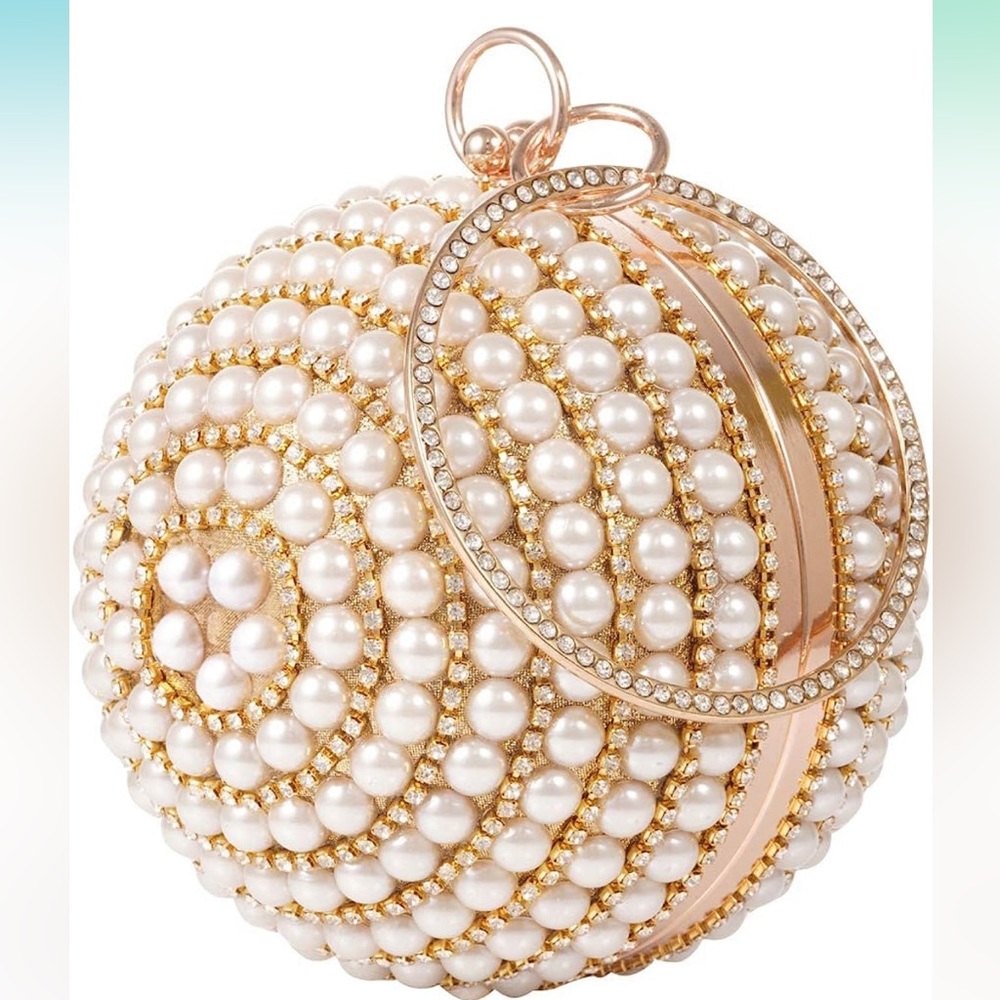 Round Clutch Handbag Dazzling Pearl Ring Handle Purse/Evening Bag